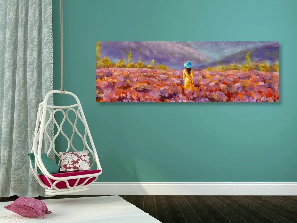 Quadro su tela – Ragazza in abito giallo in un campo di lavanda