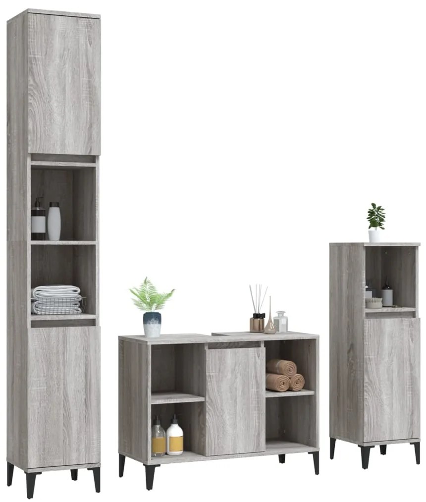 Set mobili da bagno 3 pz grigio sonoma in legno multistrato