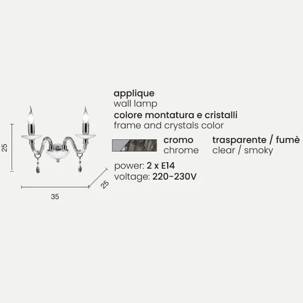 Lampada applique in cristallo 35 cm LIVIA Fumč a 2 luci