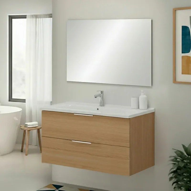 Mobile bagno sospeso 100cm rovere con cassetti lavabo e specchio Elva
