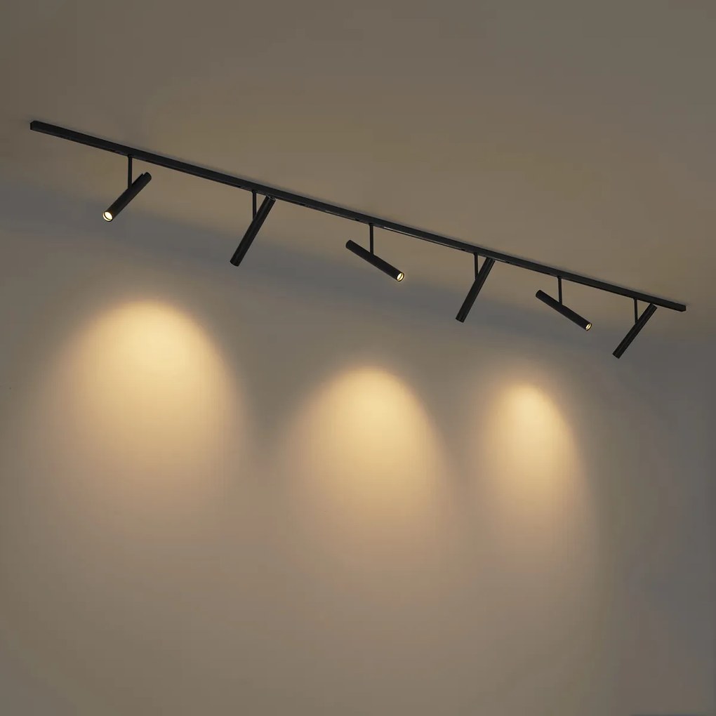 Sistema di illuminazione a binario moderno nero con 6 faretti neri monofase - Slimline Avery