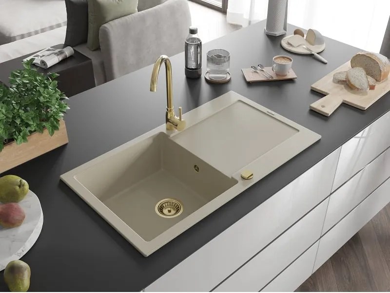 Mexen Leo lavello in granito monovasca con scolapiatti 900 x 500 mm, beige, sifone dorato - 6501901010-69-G