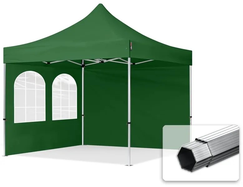 TOOLPORT 3x3m gazebo pieghevole PES con laterali (finestre), PROFESSIONAL alluminio, verde scuro - (600166)