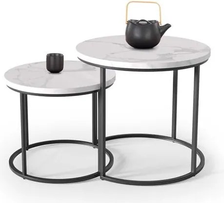 Set di 2 Tavolini da caffè Oreo effetto marmo bianco/nero - p 43-53 x h 35-45 cm