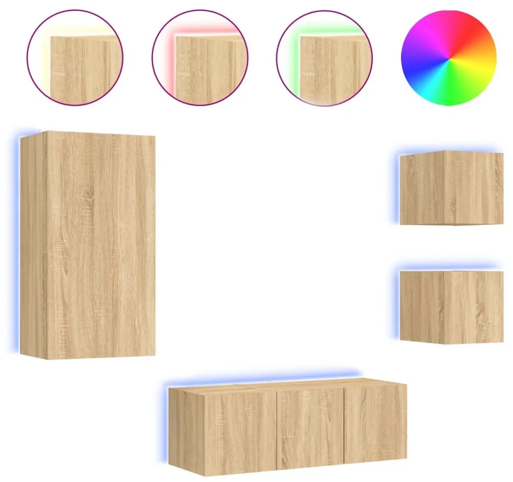 Mobili tv a muro con led 5pz rovere sonoma legno multistrato