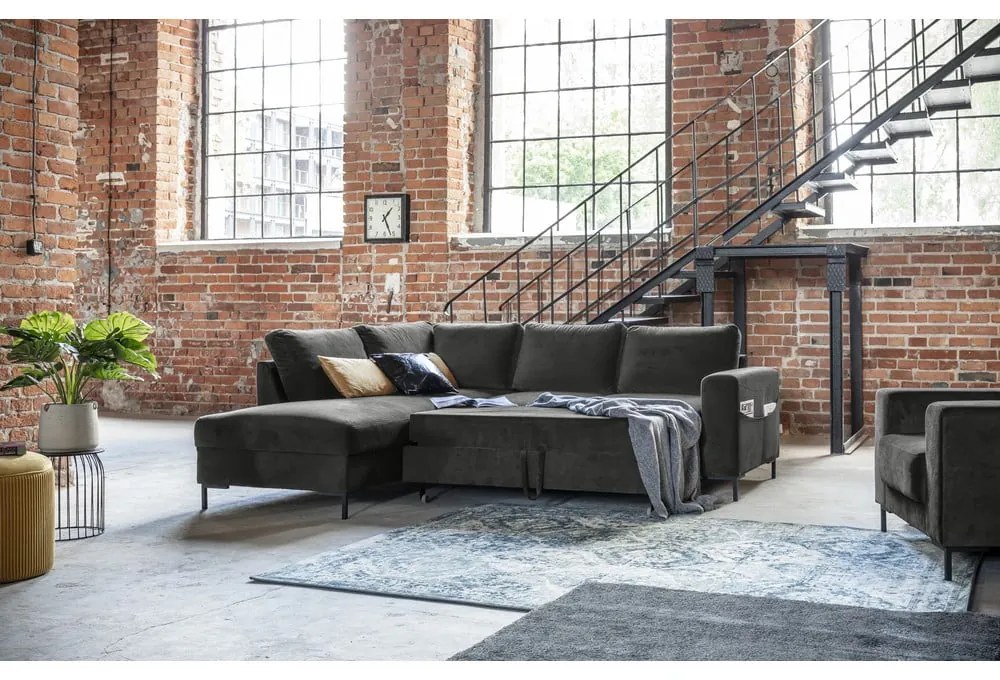 Divano letto angolare in velluto grigio scuro (angolo sinistro) Lofty Lilly - Miuform