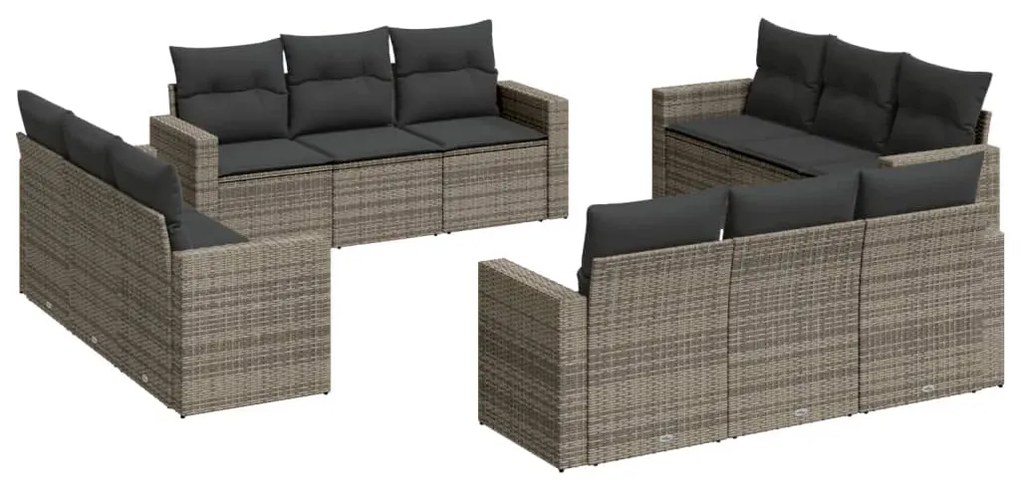 Set divani da giardino 12 pz con cuscini grigio in polyrattan