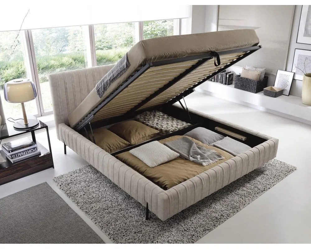 Letto matrimoniale imbottito beige con contenitore e rete inclusi 180x200 cm Plissa – ELTAP