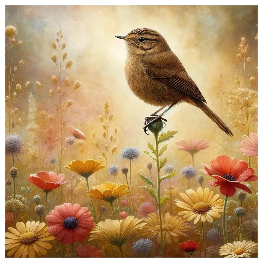 Quadro su tela – Uccellino tra i fiori del prato