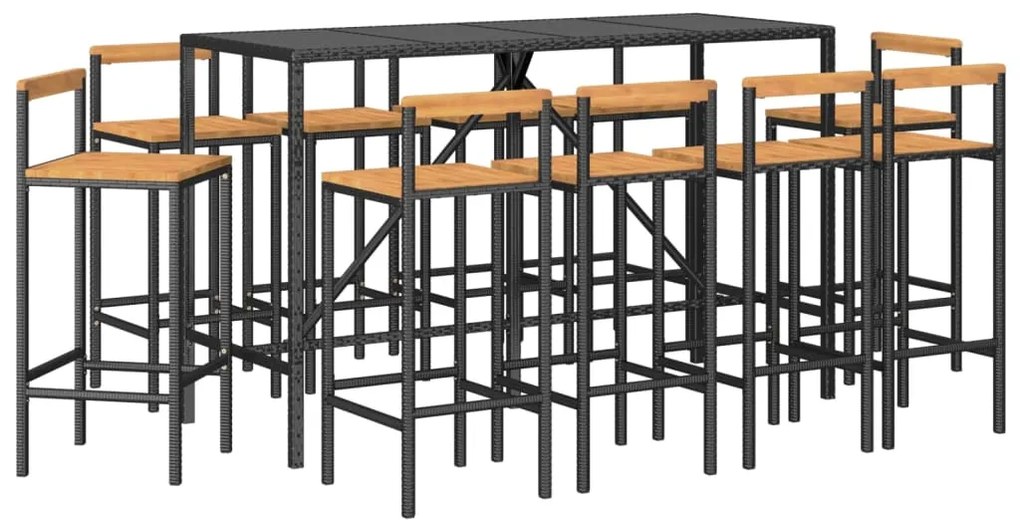 Set bar giardino 11 pz nero polyrattan e legno massello acacia