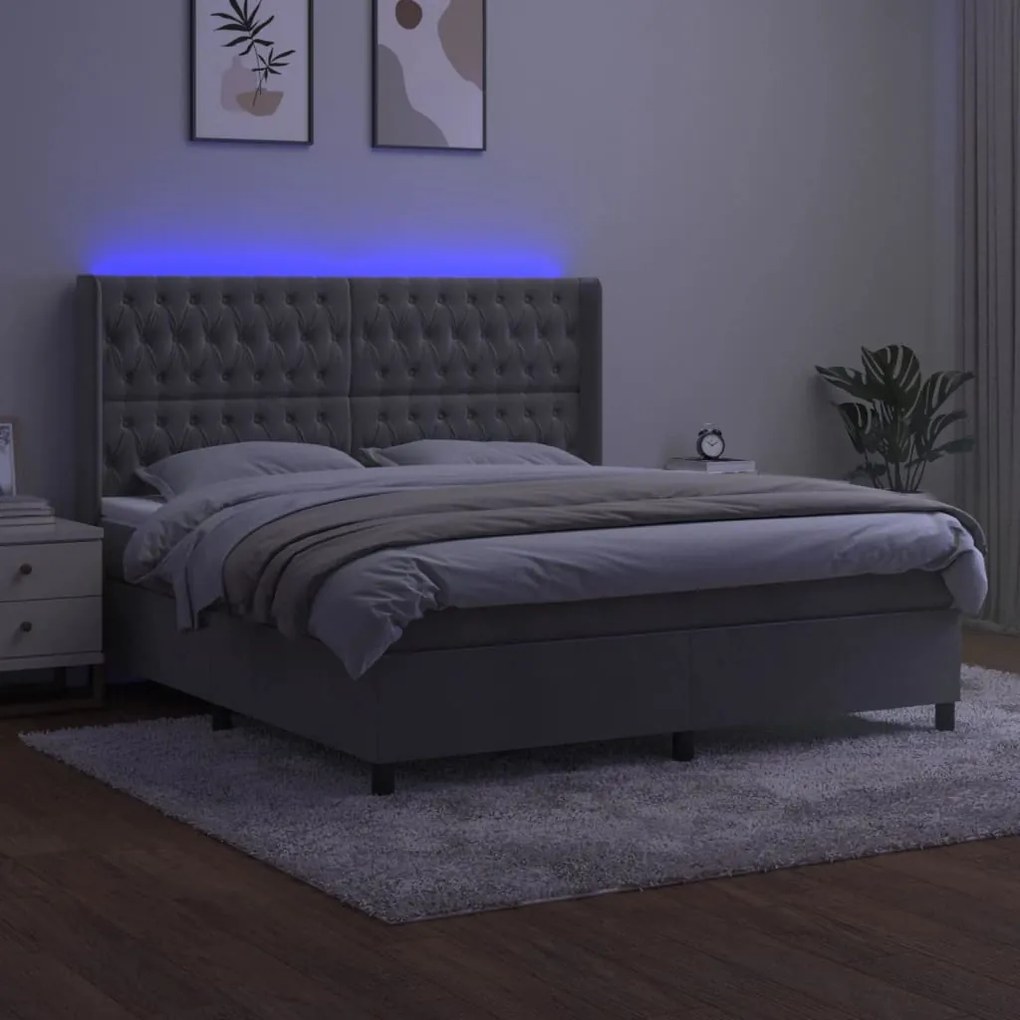 Letto a Molle Materasso e LED Grigio Chiaro 180x200 cm Velluto