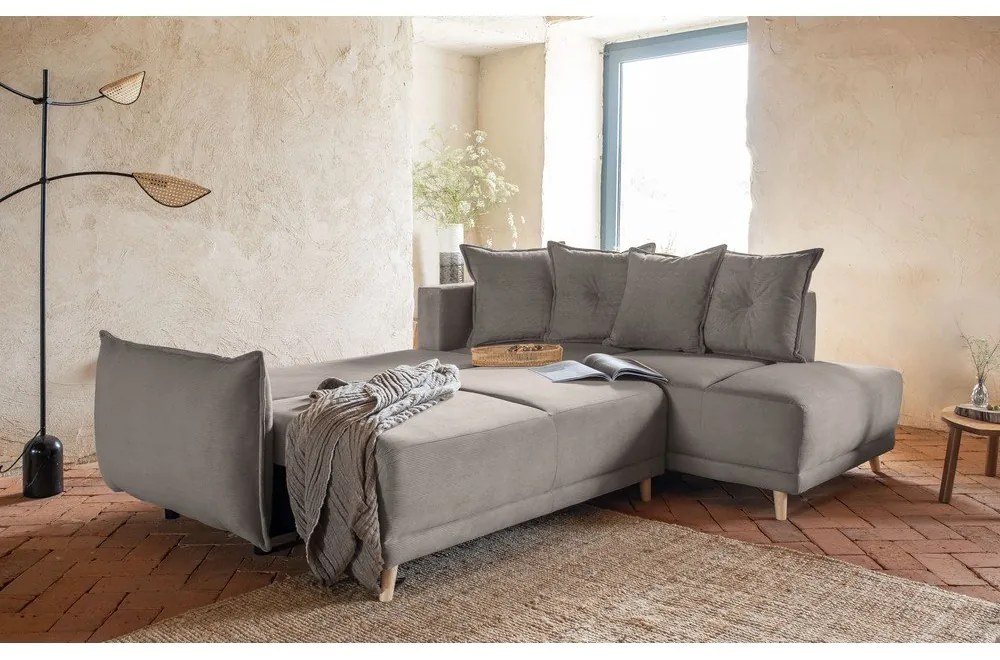 Divano letto in velluto a coste marrone chiaro (angolo destro) Lazy Lukka - Miuform