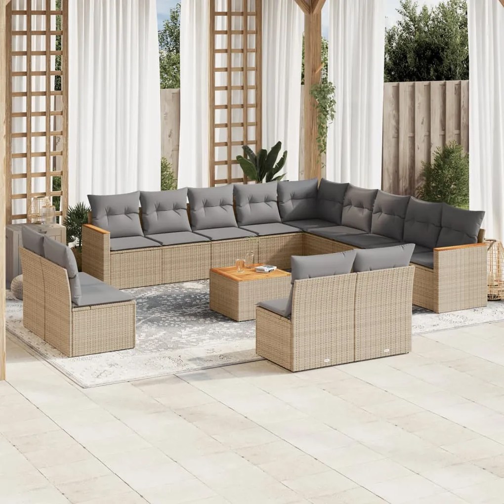 Set divani da giardino 14pz con cuscini in polyrattan beige