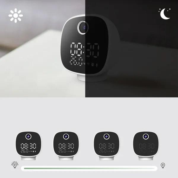 Solight 1D81- Telecamera intelligente con termometro, sveglia e luce LED 1296p Wi-Fi Tuya IP65