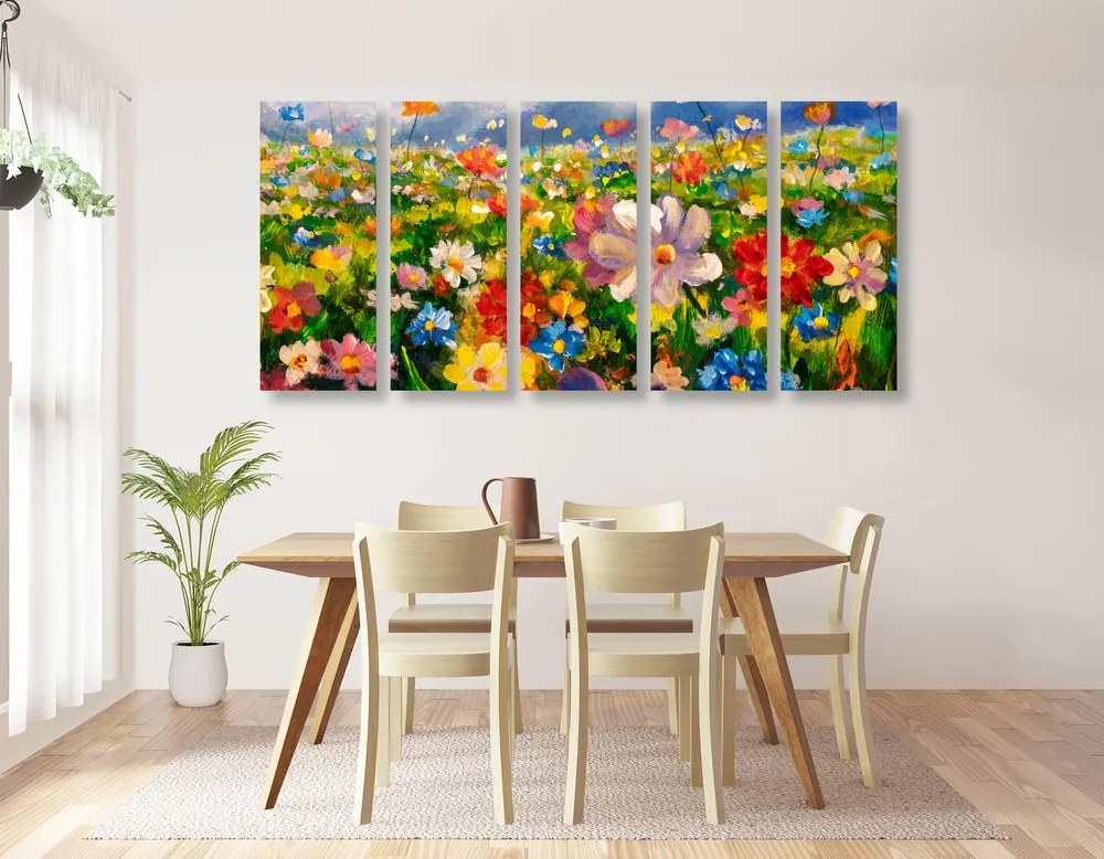 Quadri 5 pezzi – Pittura a olio di fiori di campo