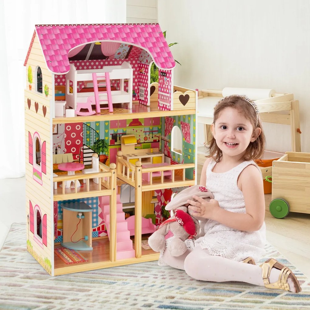 Costway Casa delle bambole in legno per bambini, Set da gioco con 3 piani 6 stanze simulate e 15 pezzi di mobili Rosa