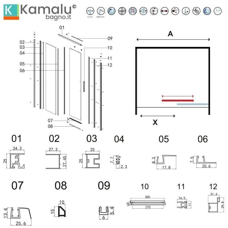 Kamalu - porta doccia 150 cm oro spazzolato altezza 200h | kla4000g