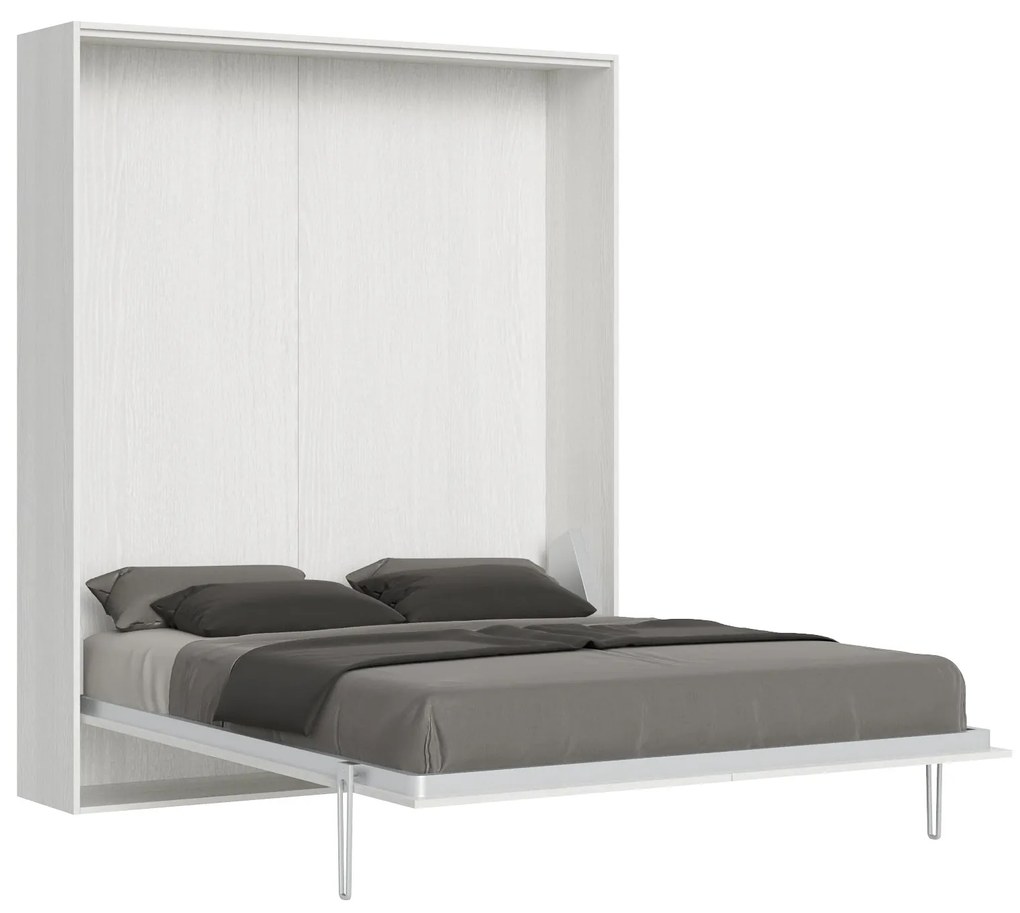 Letto matrimoniale a scomparsa 160 verticale Kentaro con colonna e pensili, Bianco Frassino / Pensile Vasistas