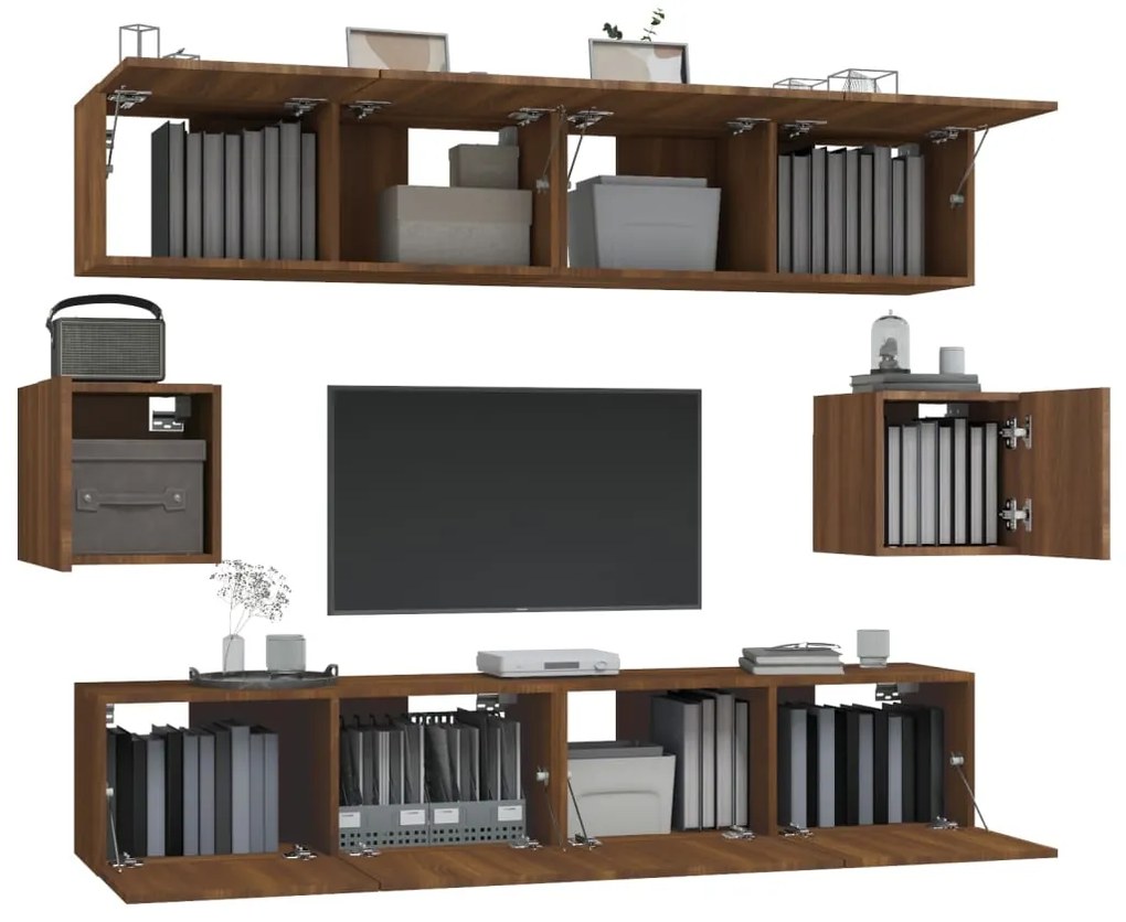Set mobili porta tv 6 pz rovere marrone in legno multistrato
