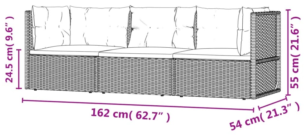 Set Divani da Giardino 3 pz con Cuscini in Polyrattan Grigio