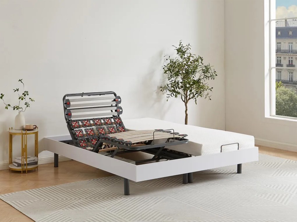 Rete relax doghe e 2x25 sospensioni deco in legno bianco di DREAMEA - 2 x 80 x 200 cm - Motori OKIN