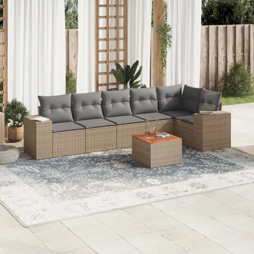 Set Divani da Giardino 7 pz con Cuscini Beige in Polyrattan