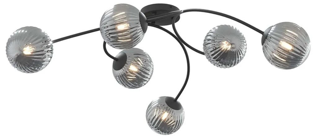 Plafoniera 6 Luci Loki In Acciaio Nero E Vetro Rigato A Sfera Fumè