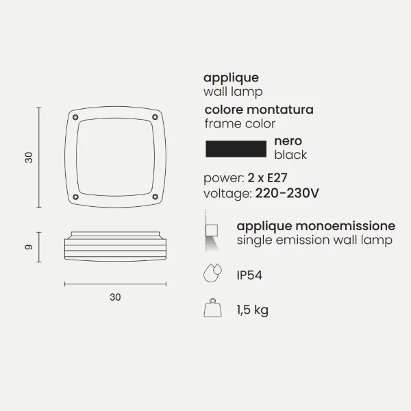 Lampada applique per esterni 30x30 cm PARIS in alluminio Nero