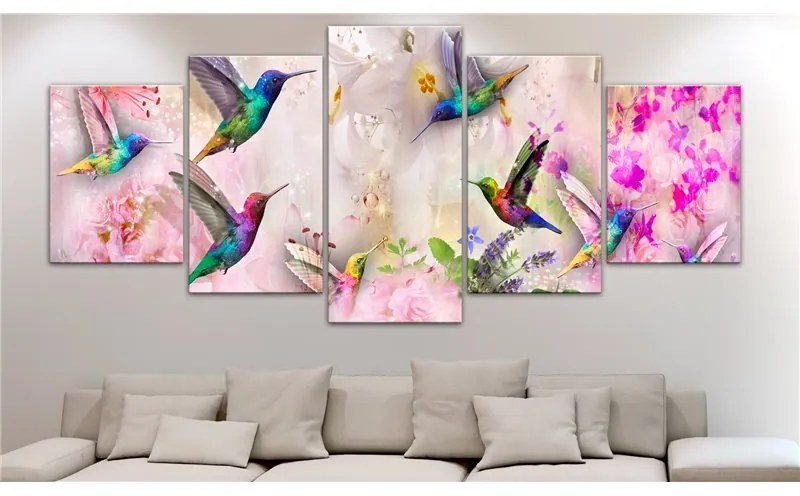 Quadro  Colourful Hummingbirds (5 Parts) Wide Pink  Colore Rosa, Dimensioni e Misure 200x100