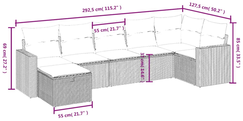 Set Divani da Giardino 7 pz con Cuscini Grigio in Polyrattan