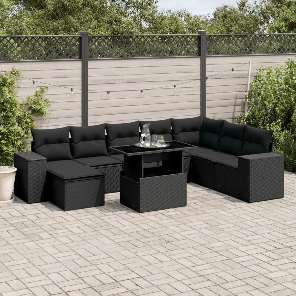 Set divani da giardino 9 pz con cuscini nero in polyrattan