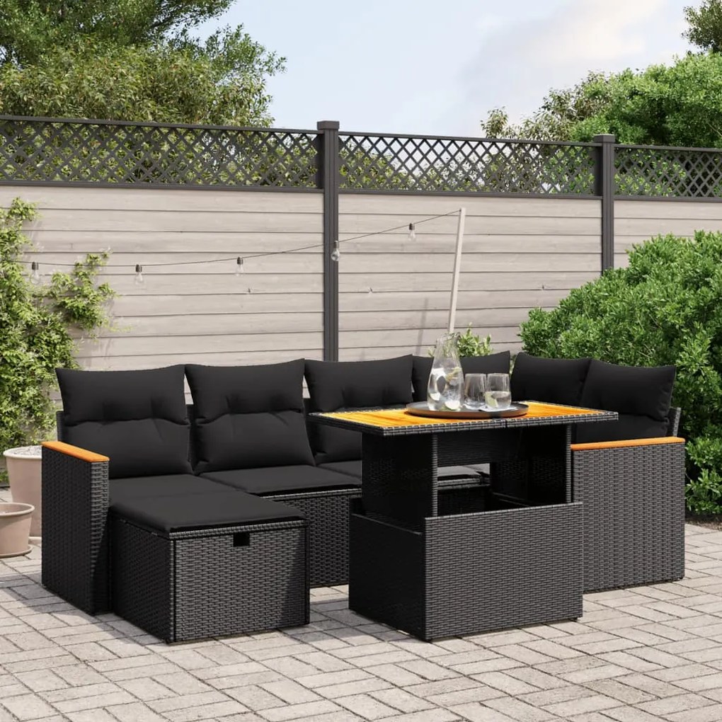 Set divani da giardino con cuscini 7pz nero polyrattan