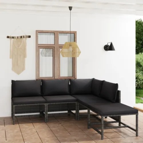 Set Divani da Giardino 5 pz con Cuscini in Polyrattan Grigio