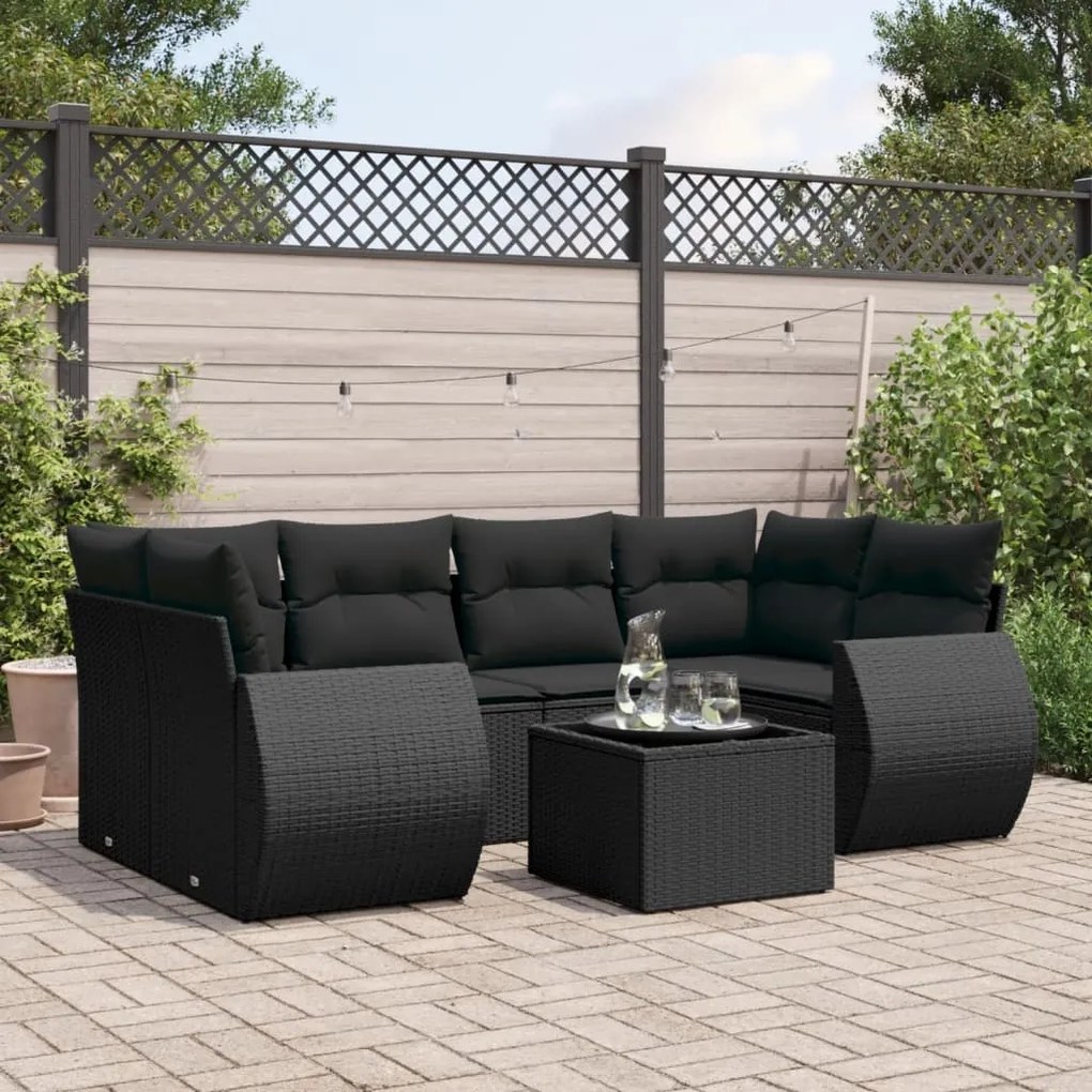 Set divani da giardino con cuscini 7pz nero polyrattan