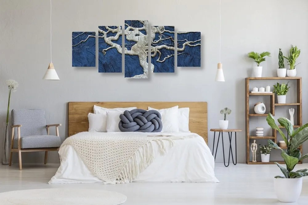 Quadri 5 pezzi – Albero astratto su legno con contrasto blu