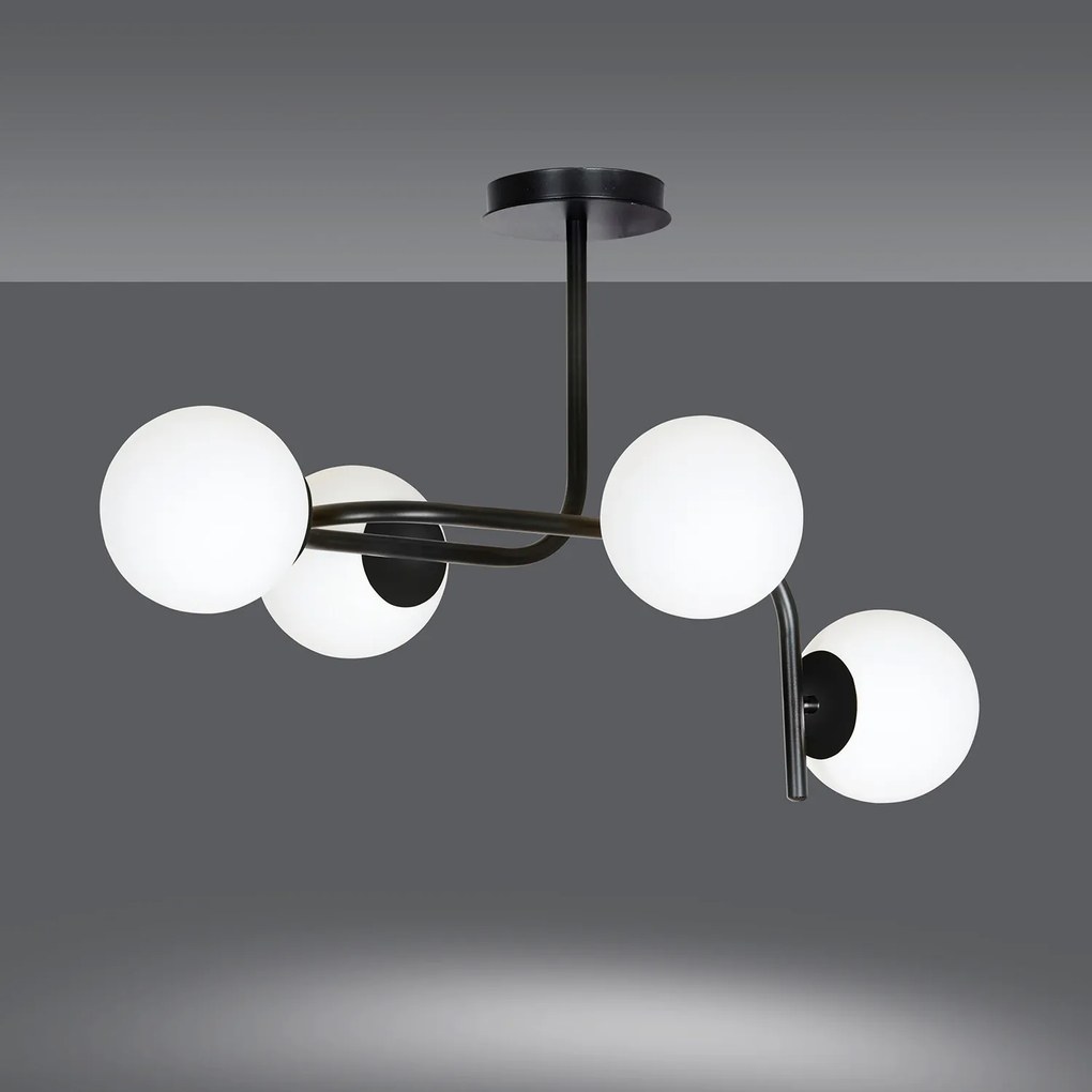 Lampadario 4 Luci Rama In Acciaio Nero A Bracci Curvi E Sfere In Vetro Opalino