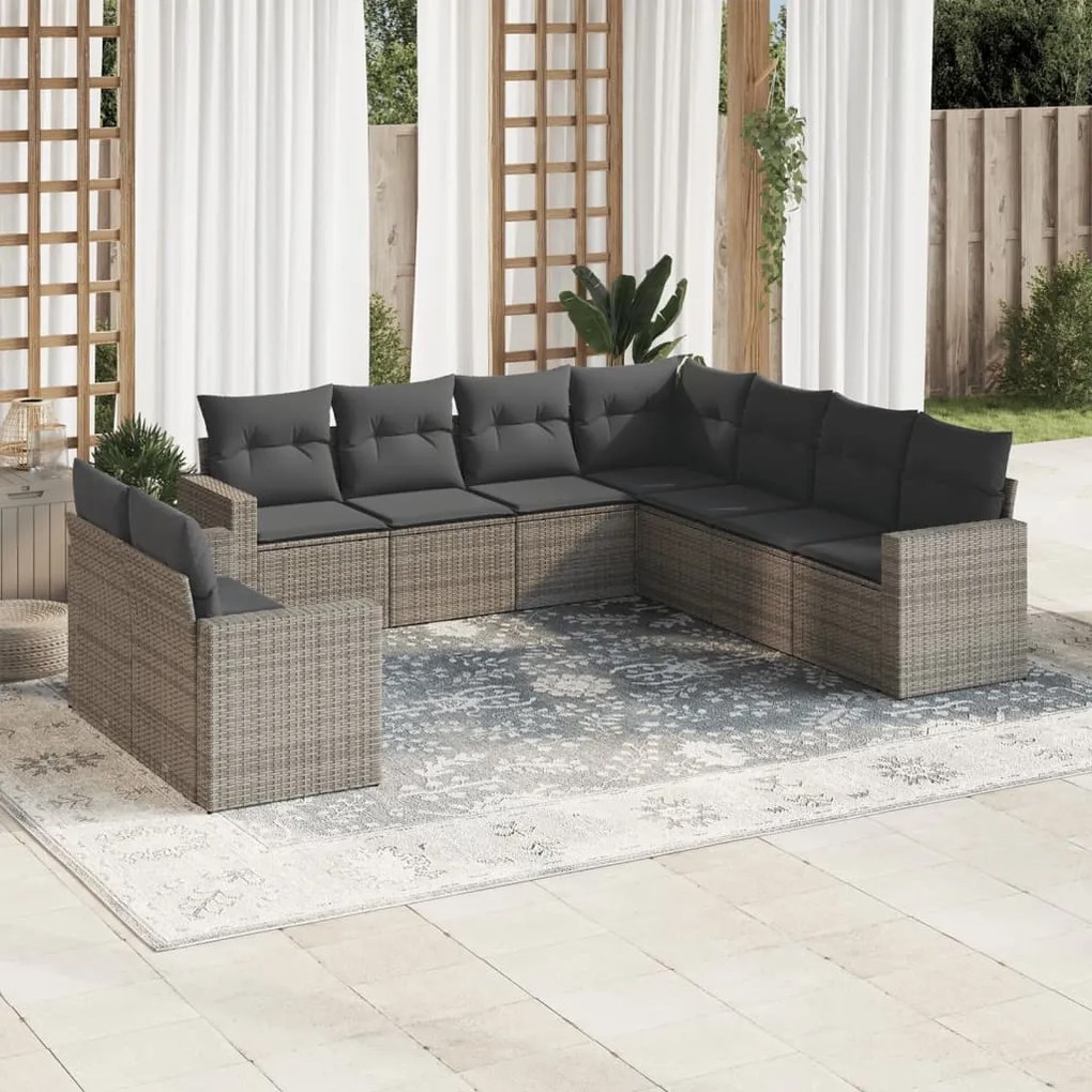 Set divano da giardino 9 pz con cuscini grigio in polyrattan