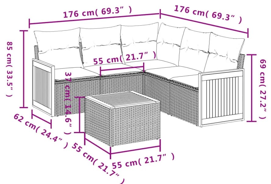 Set Divano da Giardino 6 pz con Cuscini Beige in Polyrattan