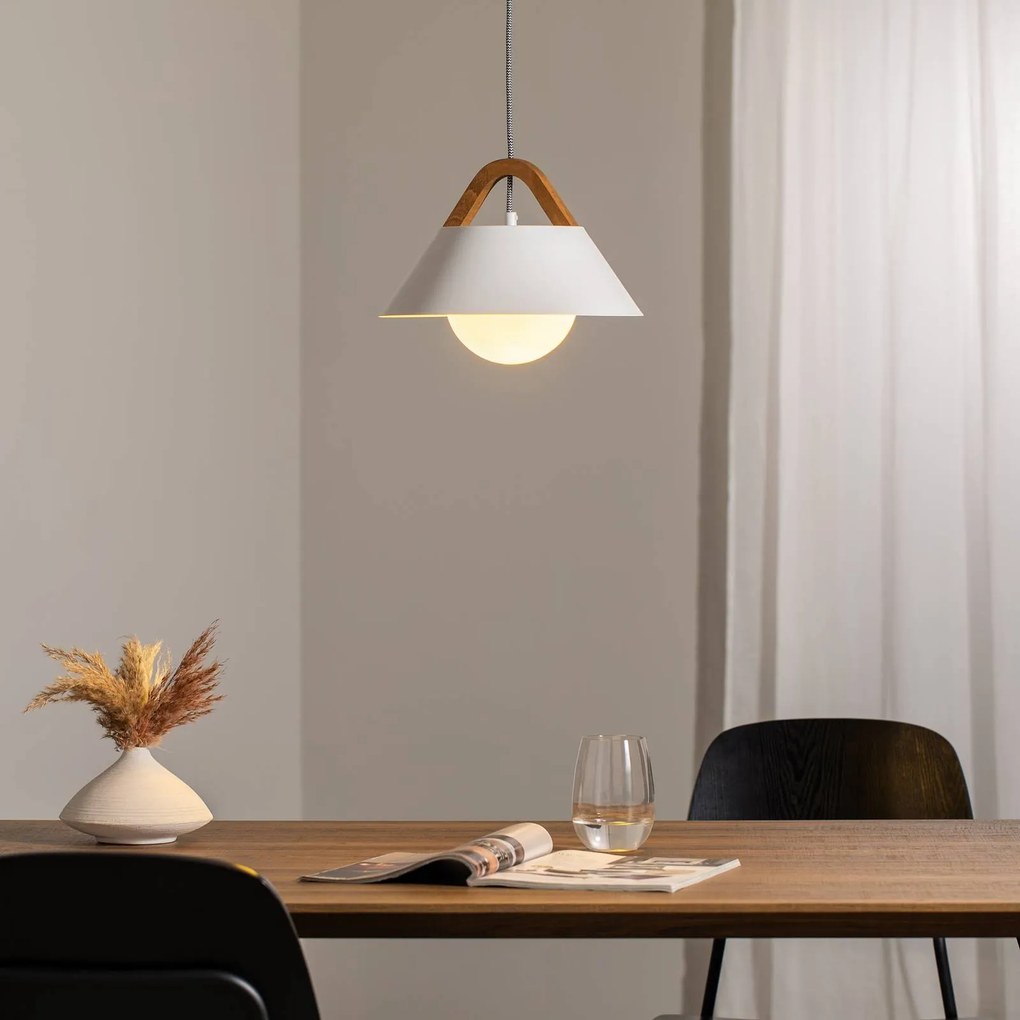 Luminex Lampada a sospensione Funda, marrone/bianco, Ø 30 cm, acciaio/legno/vetro