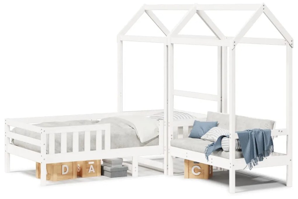 Set Letto E Panca Con Tetto Bianco 90x190cm Legno Massello Pino /