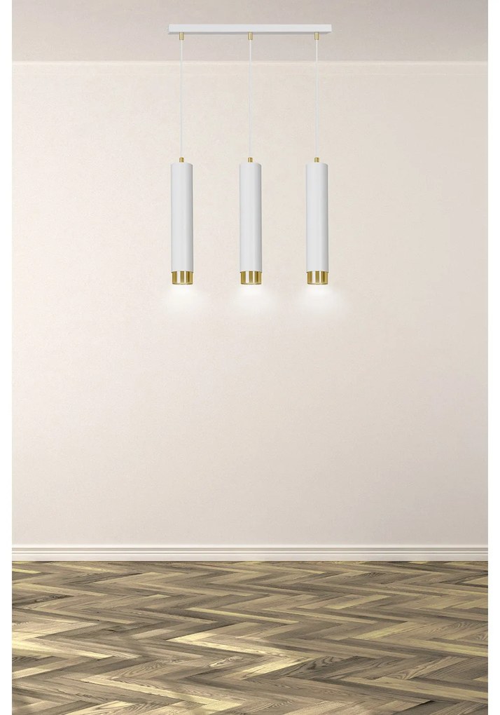 Lampadario 3 Luci Brunilde In Acciaio Bianco E Tubolari In Bianco E Oro