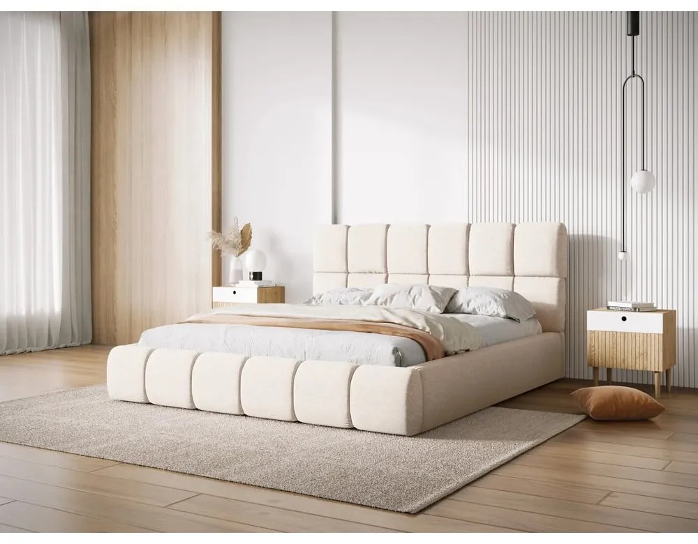 Letto beige imbottito con spazio contenitivo 140x200 cm Bellis – Micadoni Home