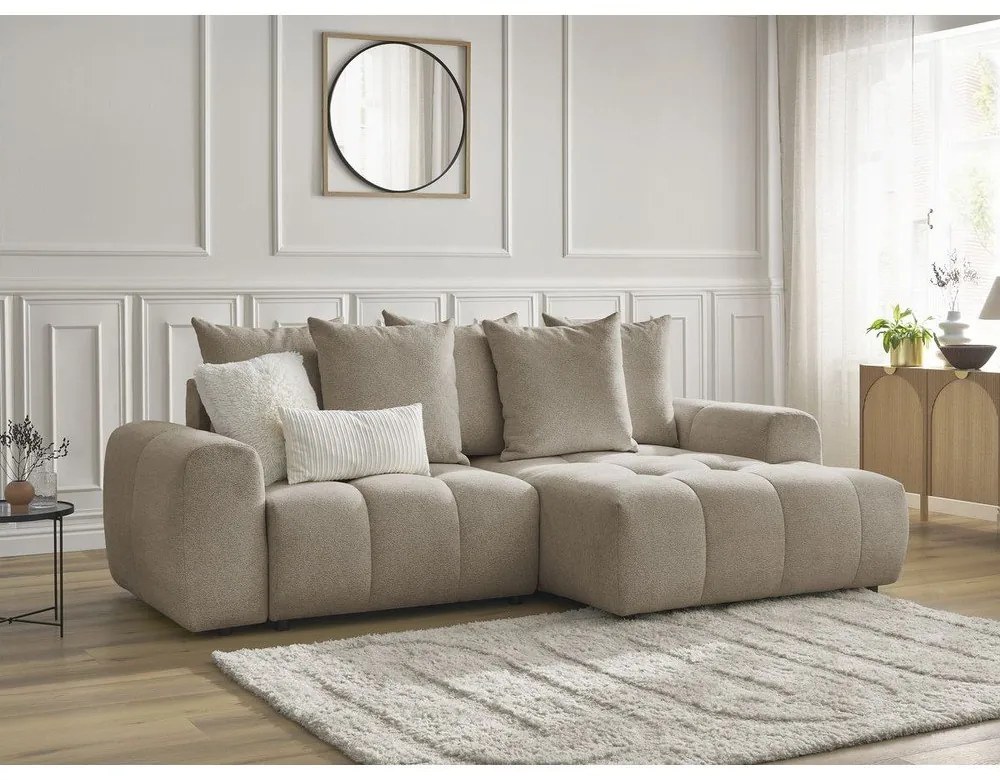 Divano angolare beige allungabile/con contenitore (con penisola a destra/con chaise lounge) con rivestimento in ciniglia Roxelane – Bobochic Paris