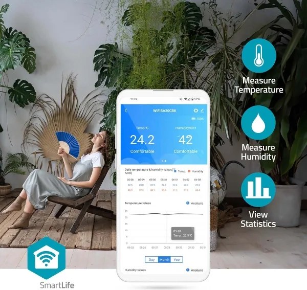 Nedis WIFISA20CBK-Smart monitor della qualità dell'aria con display a LED SmartLife Wi-Fi