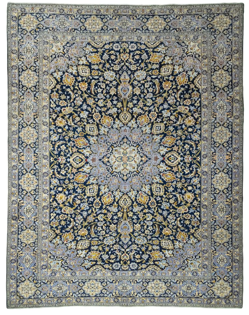 Kashan Tappeto 380 x 300 Blu (Iran) Annodato A Mano