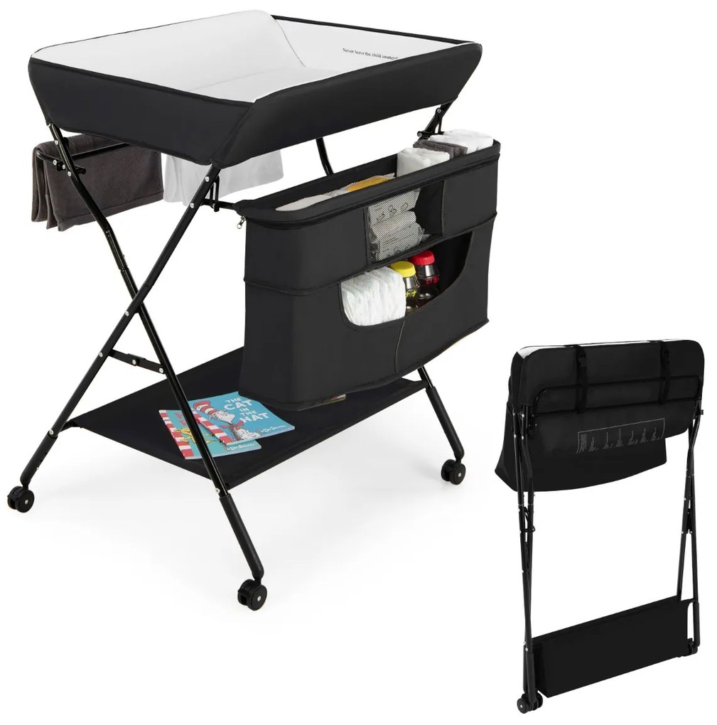 Costway Fasciatoio pieghevole per neonati con rotelle altezza regolabile borsa e ripiano, Organizer per pannolini