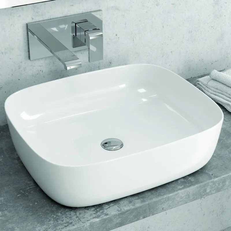 Kamalu - Lavabo appoggio ceramica bianca slim con linee arrotondate | Litos-0014