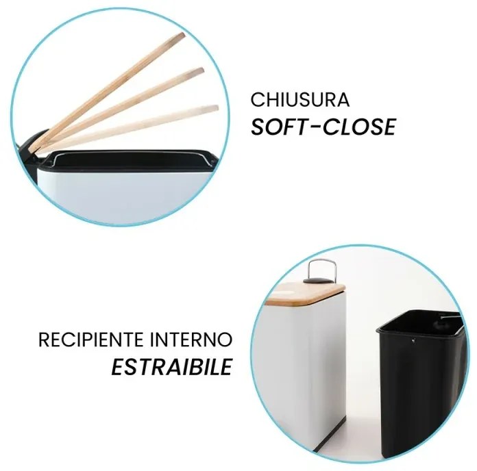 Pattumiera bagno 5 Lt in acciaio con coperchio in bambù bianca con apertura a pedale Rexa