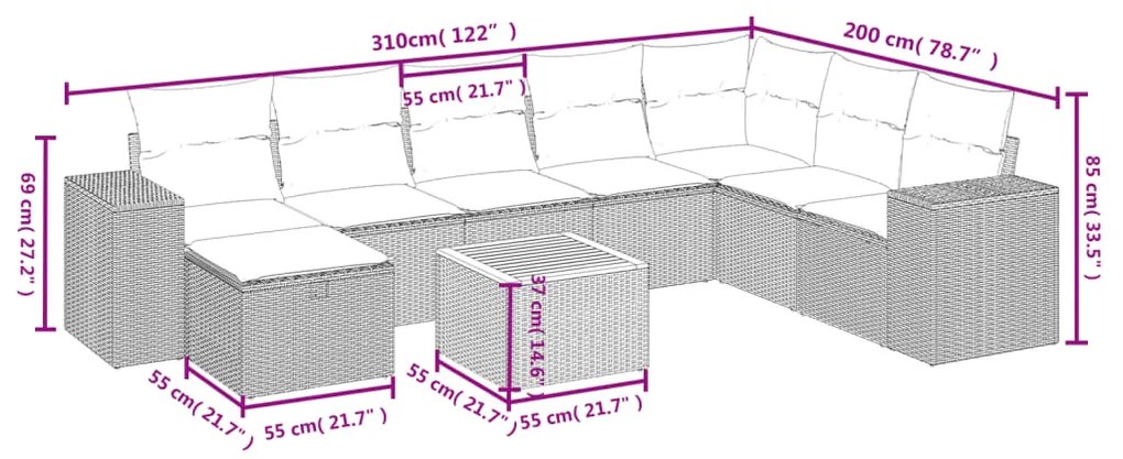 Set Divani da Giardino 9 pz con Cuscini Nero in Polyrattan