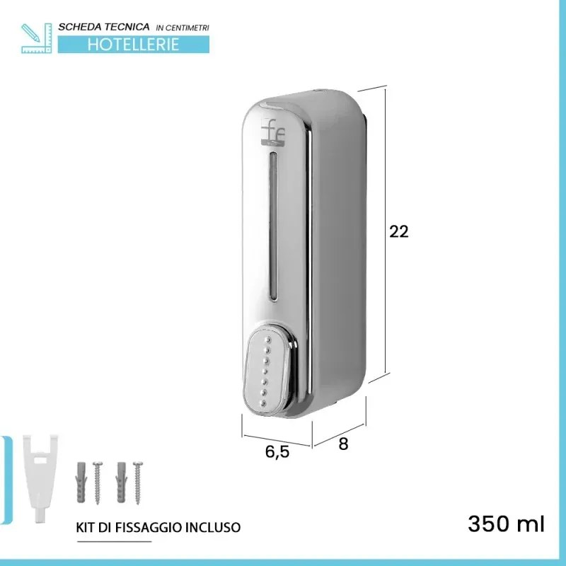 Dispenser sapone liquido a muro cromo da 350 ml con fissaggi inclusi